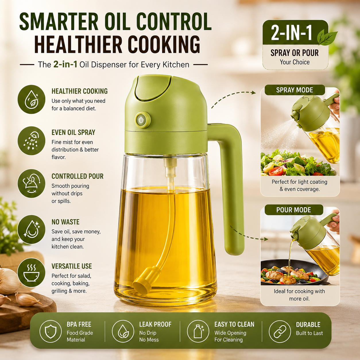 2-in-1 Glass Oil Sprayer & Dispenser Bottle - For Cooking, BBQ & Air Fryer