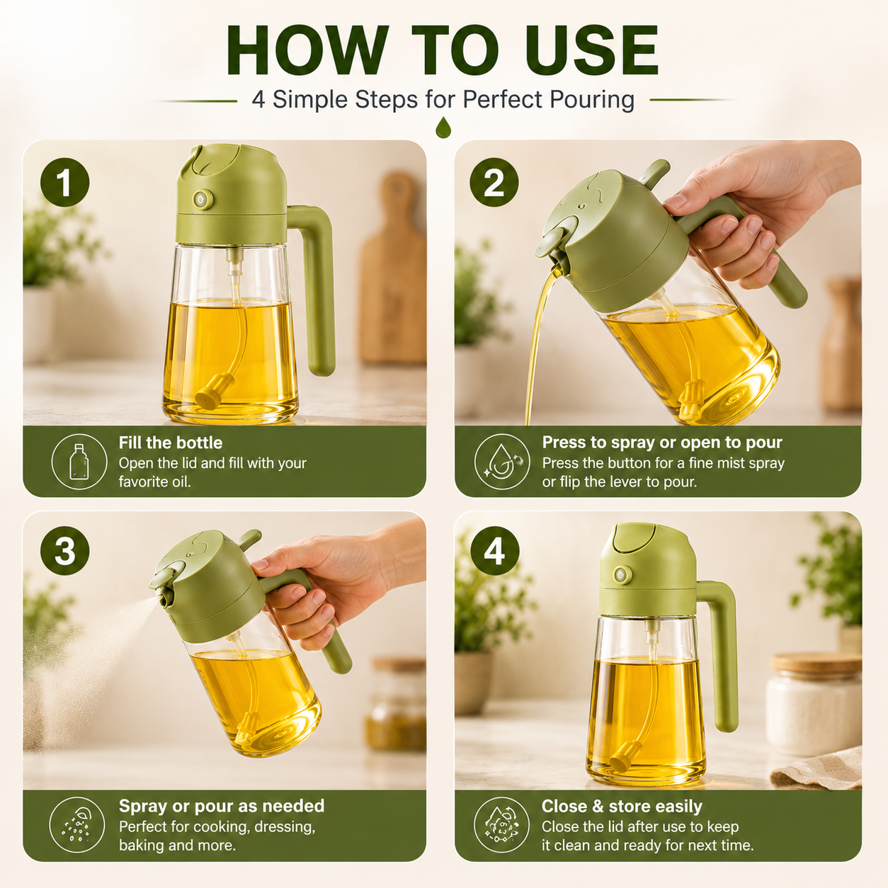 2-in-1 Glass Oil Sprayer & Dispenser Bottle - For Cooking, BBQ & Air Fryer