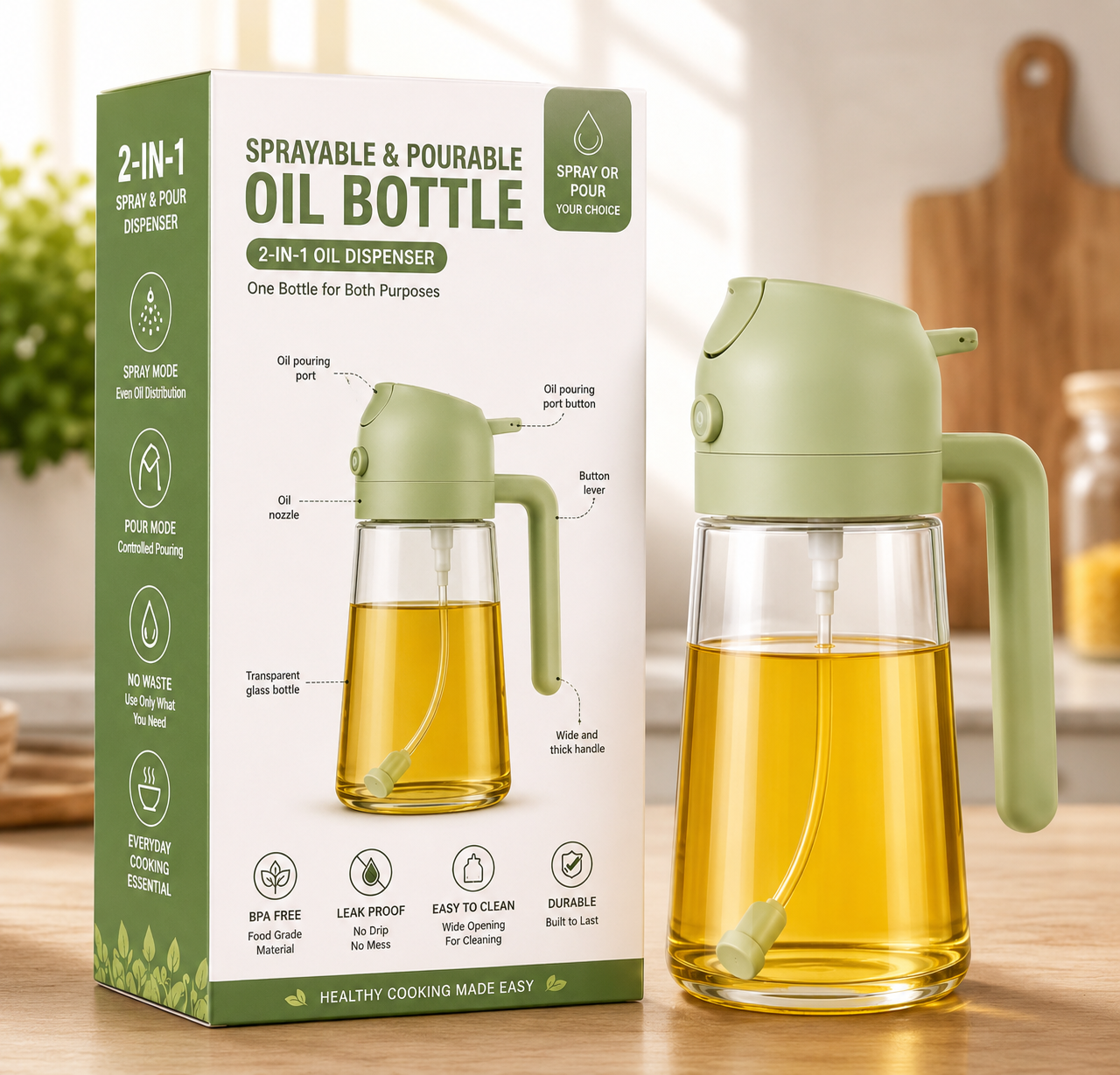 Premium 2-in-1 Glass Oil Sprayer & Dispenser Bottle